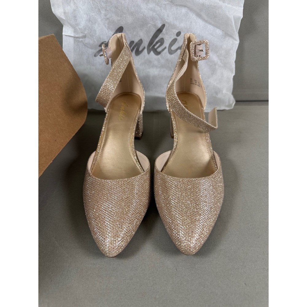 Ankis Gold Glitter Ankle Strap Block 2.25 Inch Heel Pumps Women 8.5 New